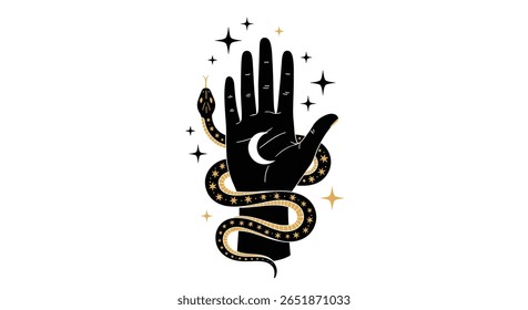 Cobra mística enrolou em torno de uma mão mística com estrelas da lua crescente e celeste brilha oculto simbolismo