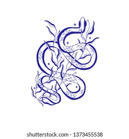 Mystic snake illustration, esoteric sign,magic life. Vintage old style, graphic line. Isolated in white background. Hand drawn vector.