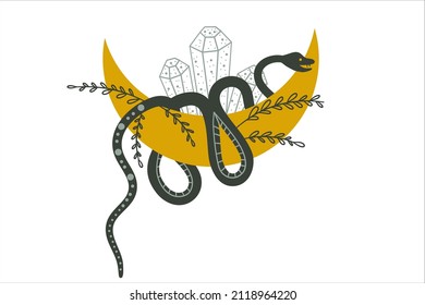 Serpiente mística en la luna con cristales en un fondo blanco. Ilustración mágica para la brujería y el oculto. Ilustración vectorial plana