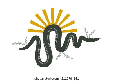 Mystic snake with sunbeams and branches on a white background. Magical illustration for witchcraft and the occult. Flat vector illustration