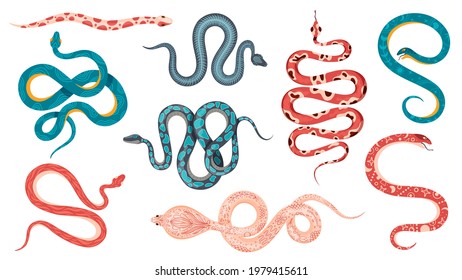 Mystic snakes. Boho magic poisonous snake with astrology symbols, floral, skeleton and abstract patterns. Esoteric serpent tattoo vector set. Illustration dangerous exotic snake, rattlesnake and cobra