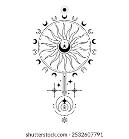 Signo místico del espacio con el sol y la luna. Vector de la media luna para la astronomía o astrología. Signo de misterio y alquimia con Elementos celestiales. Tarjeta de tarot lunar. Antiguo y esotérico, estilo ocultista vintage.