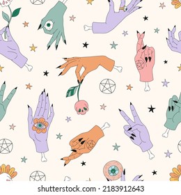 Mystic Spooky Witchy Zombie Hands gestures vector seamless pattern. Retro 60s 70s trick or treat background. Hippie Groovy Halloween surface design.