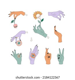 Mystic Spooky Witchy Zombie Hands gestures vector illustration set isolated on white. Retro 60s 70s Hippie Groovy Halloween print collection for T-shirt design.