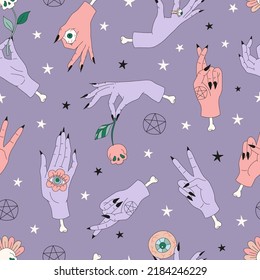 Mystic Spooky Witchy Zombie Hands gestures vector seamless pattern. Retro 60s 70s trick or treat background. Hippie Groovy Halloween surface design.