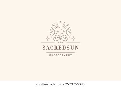 Mystic sun and crescent line art logo design template for beauty salon vector illustration. Sacred mythology antique harmony linear logotype for spa wellness makeup artist cosmetic skin care brand