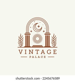 mystic sun doorway logo, antique arch architecture entrance and stairway icon, with door, window and palm trees in contemporary aesthetic boho style