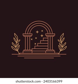 mystic sun doorway logo, antique arch architecture entrance and stairway icon, with door, window and palm trees in contemporary aesthetic boho style