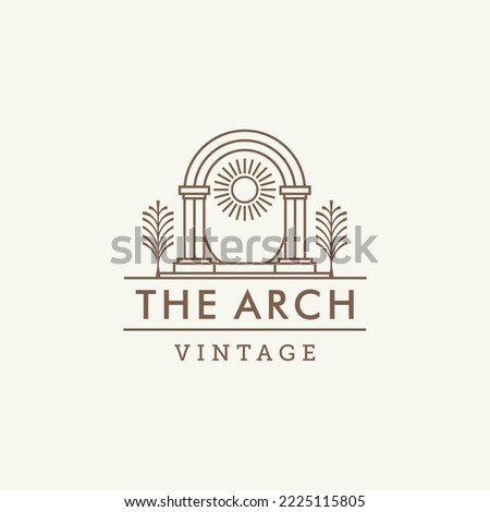 mystic sun doorway logo, antique arch architecture entrance and stairway icon, with door, window and palm trees in contemporary aesthetic boho style Foto d'archivio © 