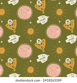 Mystic Sun Moon Bird Seamless Pattern