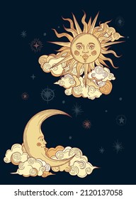 mystic sun and moon with faces, yellow clouds