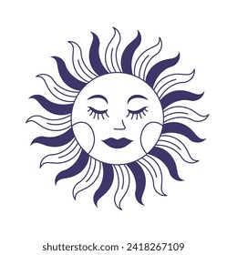 Mystic sun with sunbeams and peaceful facial expression. Isolated celestial luminary with rays. Cosmic source of tranquility and wisdom. Sense of extraterrestrial harmony. Vector in flat style