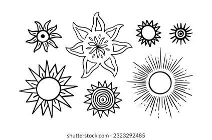 Mystic Sun Vector Illustration Set. Celestial Hand Drawn Symbol for poster, print, pattern and logo. Tribal Sun Collection Isolated on White Background. Stylized Occult and Esoteric Bohemian Shape.