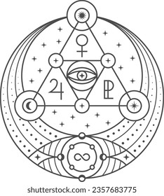 Mystic symbol. Ancient ritual sign with alchemy icons