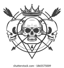 Mystic symbol composition with sacred geometry forms and human skull. Vintage art design concept isolated on white background. Modern vector illustration for print, tattoo.