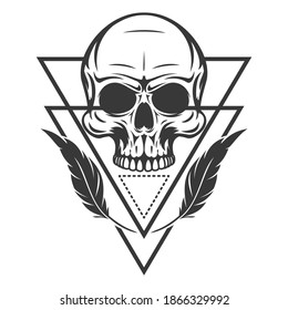 Mystic symbol composition with sacred geometry forms and human skull. Vintage art design concept isolated on white background. Modern vector illustration for print, tattoo.