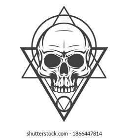 Mystic symbol composition with sacred geometry forms and human skull. Vintage art design concept isolated on white background. Modern vector illustration for print, tattoo.