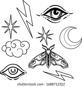 Mystic symbol set: crescent moon, moth, cloud, all seeing eye, stars, lightning bolt. Tattoo style. Vector illustration in black outlines isolated on white. 