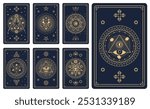 Mystic tarot cards with vector line celestial frames and magic esoteric pattern. Vintage Moon, Sun and stars with hexagram, eye of providence, skull and pentacle occult symbols, tarot cards back set