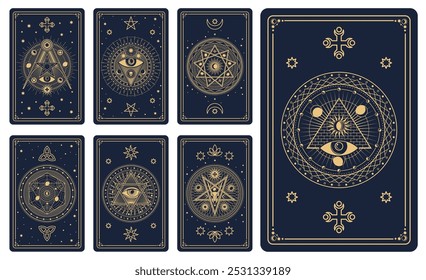 Tarjetas místicas del tarot con los marcos celestiales de la línea del Vector y el modelo esotérico mágico. Antiguas Luna, sol y estrellas con hexagrama, ojo de la providencia, cráneo y pentáculo oculto, tarjetas de tarot atrás