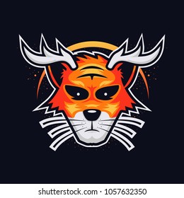 Mystic tiger with deer antlers with moon background illustration for tshirt or gaming esport logo