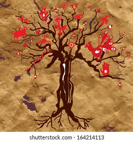 Mystic tree on the paper texture with symbols and eyes