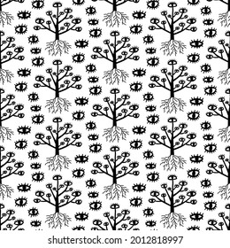 Mystic trees surreal hand drawn seamless pattern black white eyes phantasmagoria