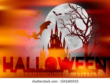Mystic vector illustration, dark orange background on a spooky full moon background with silhouettes of characters and scary bats with gothic haunted castle. Graphic design for Halloween party