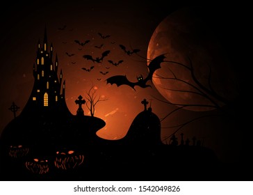 Mystic vector illustration, dark orange background on a spooky full moon background with silhouettes of characters and scary bats with gothic haunted castle. Graphic design for Halloween party