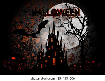 Mystic vector illustration, dark orange background on a spooky full moon background with silhouettes of characters and scary bats with gothic haunted castle. Graphic design for Halloween party