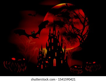 Mystic vector illustration, dark red background on a bloody big moon background with silhouettes of characters and scary bats with gothic haunted castle. Graphic design for Halloween party