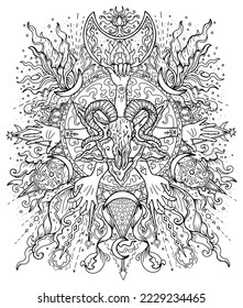 Mystic vector illustration with goat skull, scary hands, occult, esoteric and gothic symbols, black and white coloring page, Halloween concept