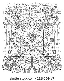 Mystic vector illustration with grave, moon, occult, esoteric and gothic symbols, black and white coloring page, Halloween concept