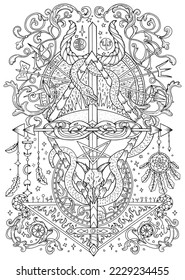 Mystic vector illustration with occult, esoteric and gothic symbols, snake and pentagram, black and white coloring page, Halloween concept