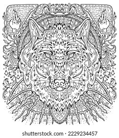 Mystic vector illustration with wolf head, occult, esoteric and gothic symbols, black and white coloring page, Halloween concept