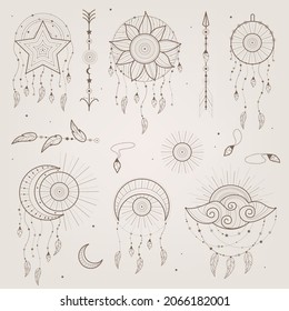 Artículos místicos vectoriales, luna, manos, cristales, planetas. Estilo astrológico Doodle. Doodle esotérico, boho místico elementos dibujados a mano.