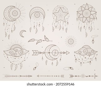 Mystic vector items, moon, hands, crystals, planets. Doodle astrology style. Doodle esoteric, boho mystical hand drawn elements.