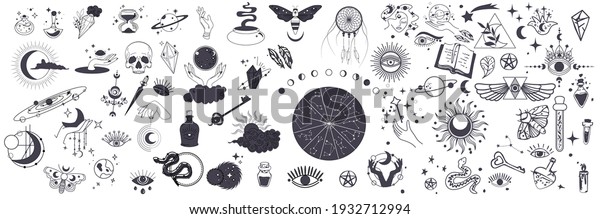 Mystic vector items, moon, hands, crystals,\
planets. Doodle astrology style. Doodle esoteric, boho mystical\
hand drawn elements. Magic and witchcraft, witch esoteric alchemy.\
Icons set. Vector