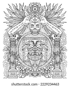 Mystic vector masonic illustration with scary hands, eagles and third eye, occult, esoteric and gothic symbols, black and white coloring page, Halloween concept