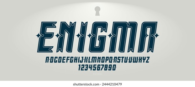 Mystic vintage display font for emblems and logos, alphabet letters and numbers typography for headlines and brands, magic elegant luxury typo in antique style, italic version.