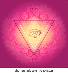 Mystic violet background. Glow in the middle. The central composition. Eye in a triangular frame. The Masson symbol. Vector graphics.