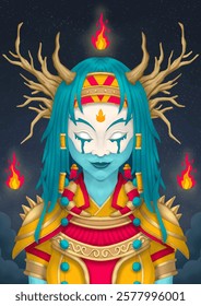 Mystic warrior goddess with oni mask and fire spirit