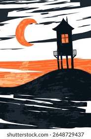 Mystic and whimsical poster in grunge and underground style. Halloween and spooky art