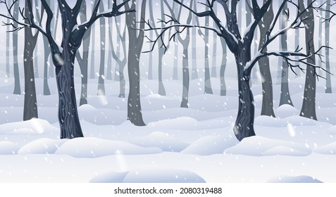 mystic winter forest landscape. natural seamless woodland horizontal background at wintertime with mist and fog. cartoon picture of cold, snowy deep forest with woods silhouettes, pathway and snowfall