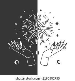 Mystic witch hands with Sun. Boho witchcraft tarot card. Spiritual day and night ritual. Occult or sacred symbols, female arms with mystery shining talisman tattoo vector illustration