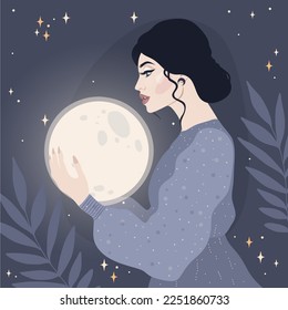 Mystic woman, feminine concept illustration, beautiful esoteric woman. Beautiful woman with moon in her hands. Vector design