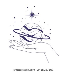 Mystic woman hand delicately holding celestial planet with ring. Isolated palm, globe or sphere and star. Sacred connection between earthly and cosmic forces and heavenly body. Vector in flat style