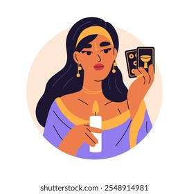 Mystische Frau, Tarot-Leserin, die Vorhersagekarten und Kerze für Weissagung und esoterische Rituale hält. Wahrsager, Kreis-Avatar, Portrait. Flache Vektorgrafik einzeln auf weißem Hintergrund