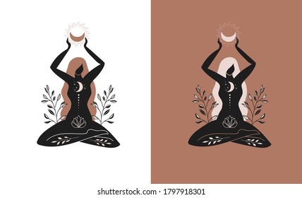 Mystic women, exotic woman, feminine concept illustration, beautiful esoteric women silhouettes . Flat style vector design