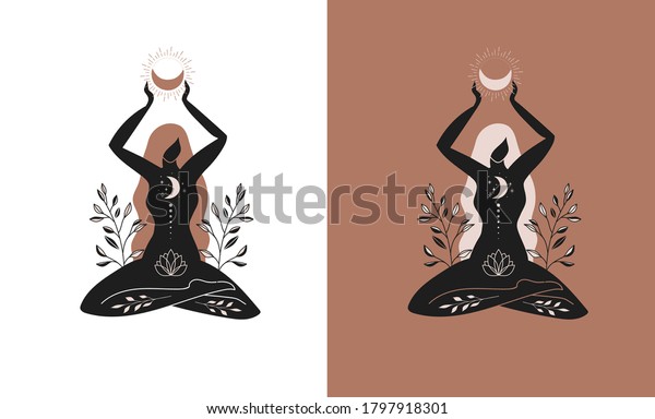 Mystic women, exotic woman, feminine concept\
illustration, beautiful esoteric women silhouettes . Flat style\
vector design